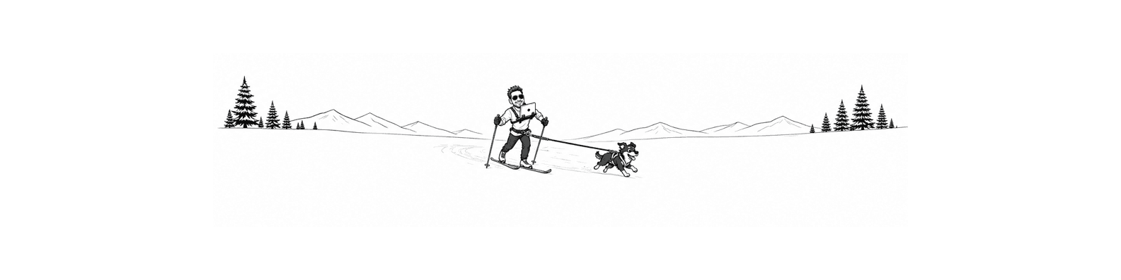 Black-and-white cartoon of skijoring with a laptop